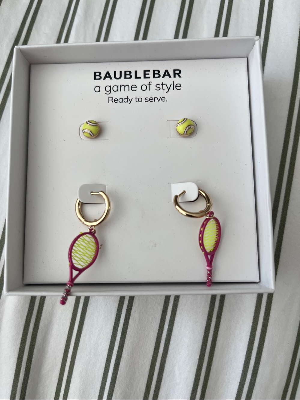 BaubleBar A Game of Style Neon Tennis Racket with Tennis Studs Earrings NIB